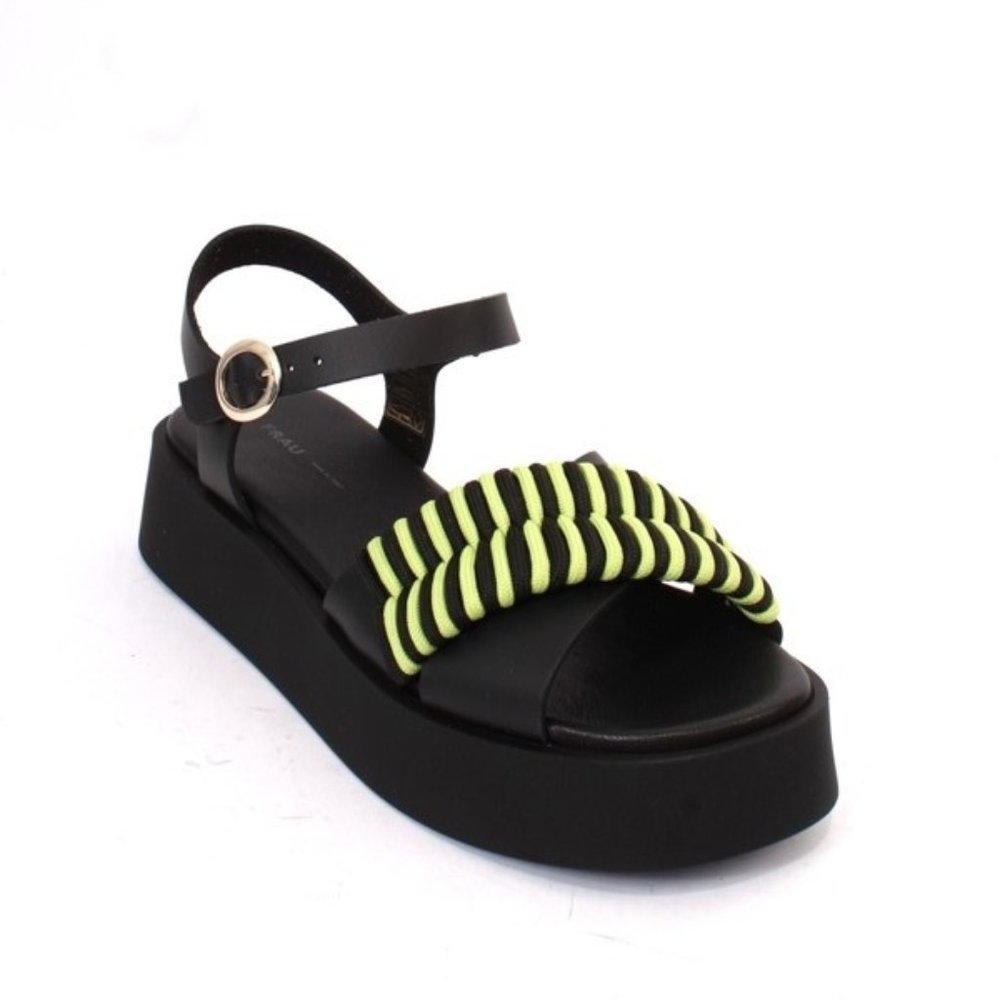 Frau 89a Black / Green Leather Platform Sandals